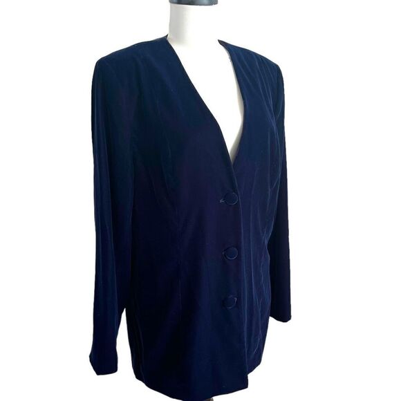 Vintage Talbots Navy Velvet Blazer button Jacket V neck Collarless Size 12 - Picture 3 of 15